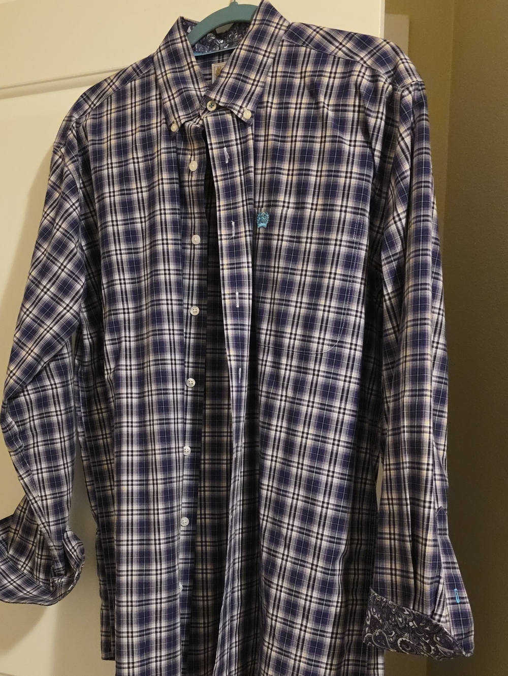 Cinch Men's Navy and White Plaid Button-Down Shirt Size M